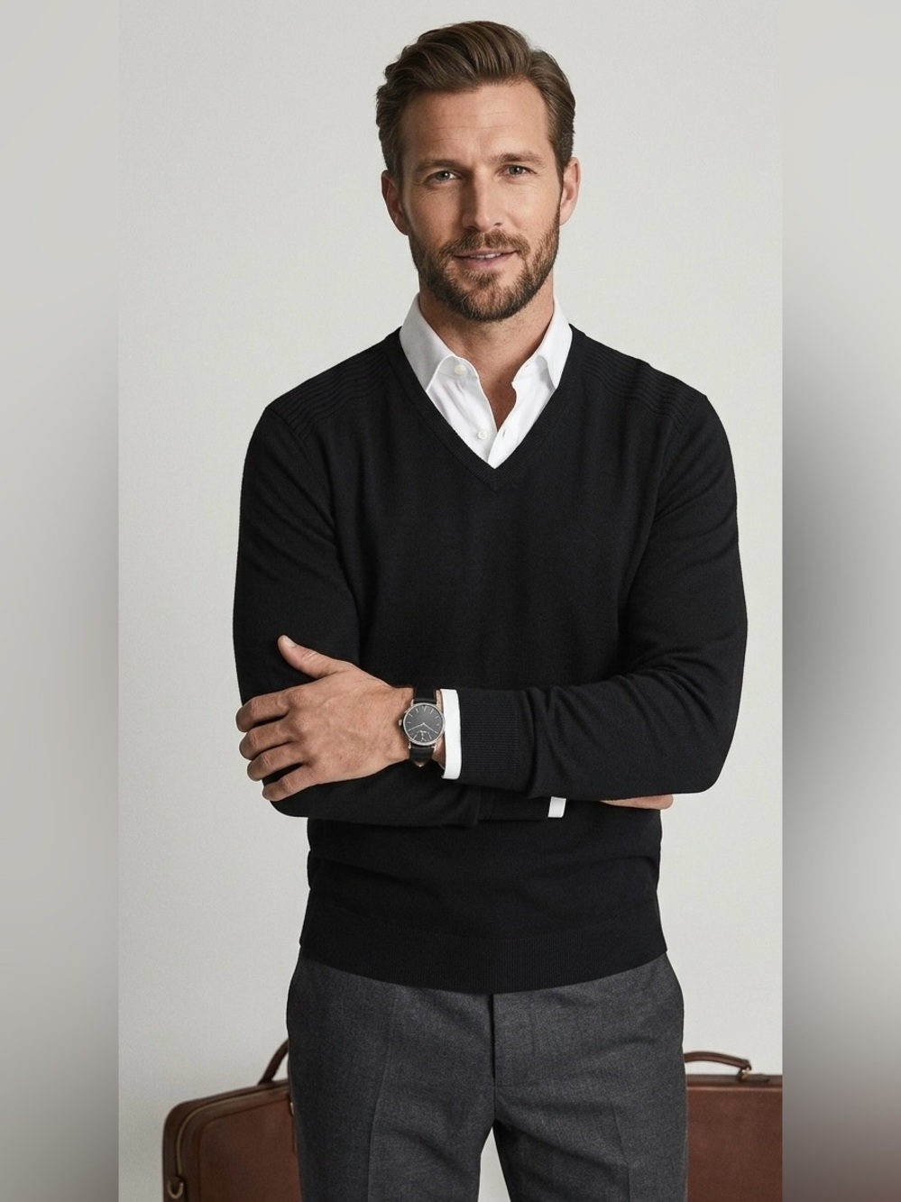REISS Men's 100% wool Black V-Neck Long Sleeve Sweater Ribbed Shoulder workwear